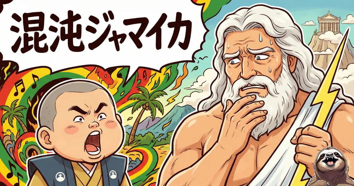 【パロディ図解】パンドラの箱が開いた後の世界:「混沌(カオス)」と「ジャマイカ」を掛けたダジャレ「混沌ジャマイカ」で表現された無秩序な状態