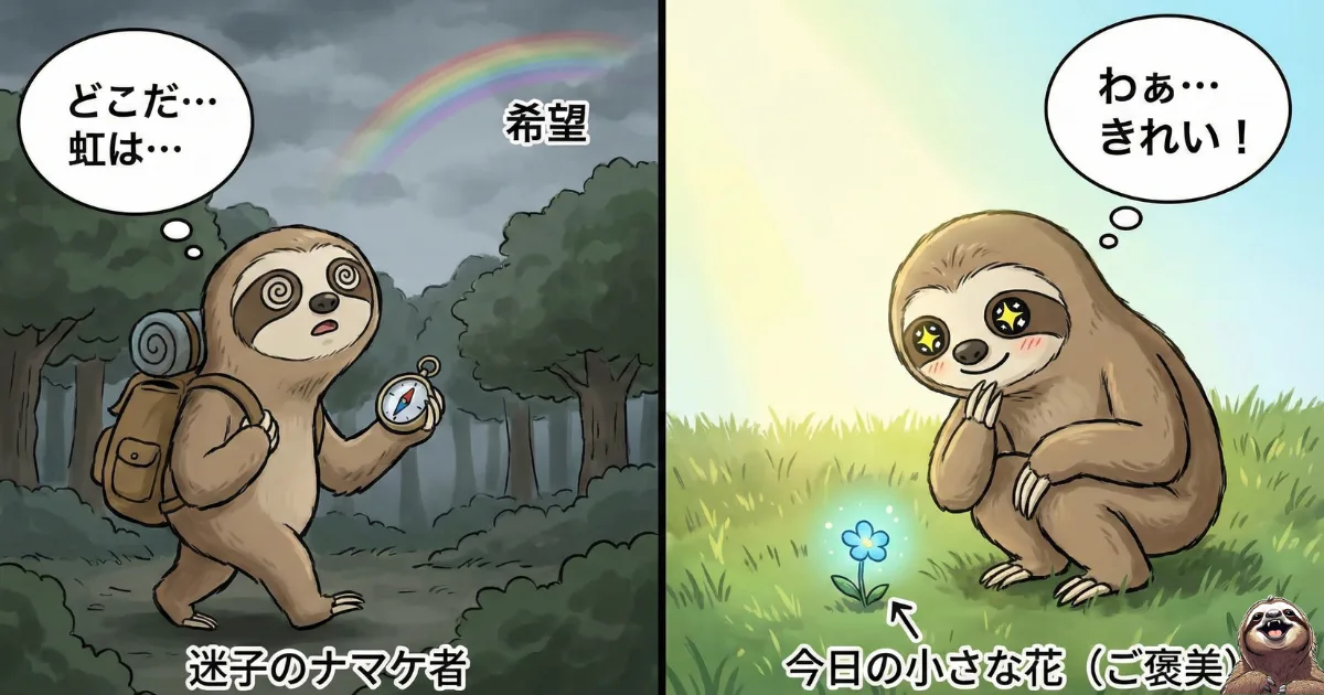 【比較図解】遠くの「希望(虹)」を追って迷う苦しみと、足元の「小さな幸せ(花)」に気づく喜びの違い