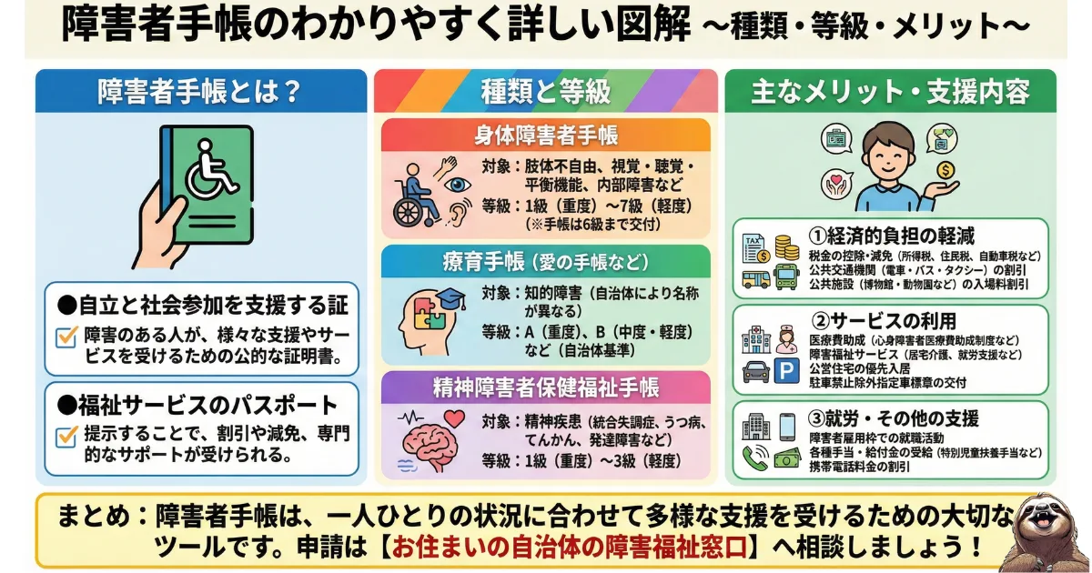 【図解】障害者手帳の3つの種類と等級・メリット一覧:身体障害者手帳・療育手帳・精神障害者保健福祉手帳の違いと、税金控除や障害者雇用枠などの支援内容