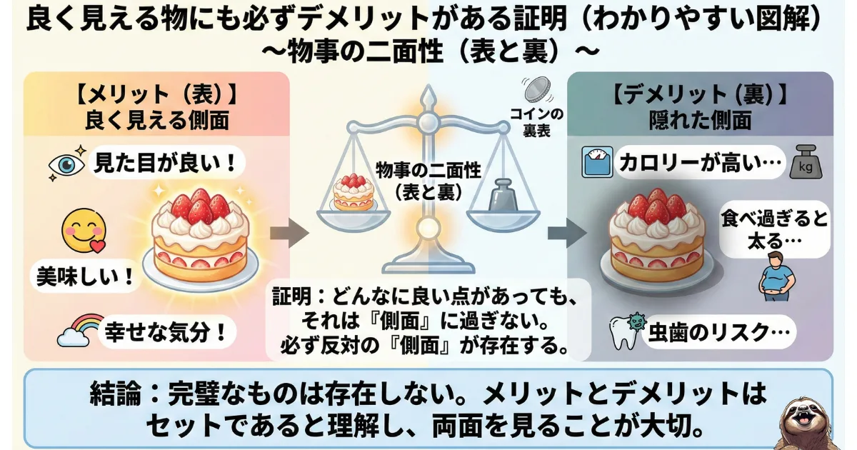 【図解】リクルートエージェントの評判の二面性：どんなに魅力的なサービス（ケーキ）にも、必ずデメリット（カロリー）という裏側が存在する真実