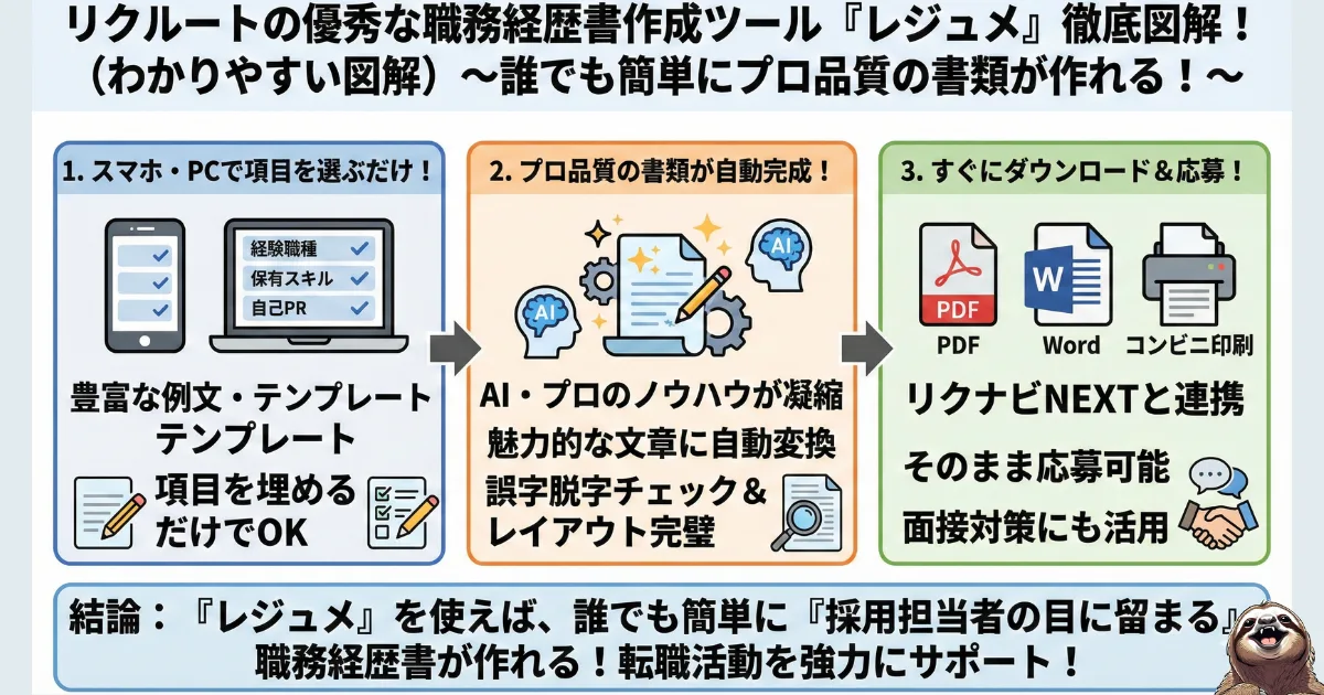 【図解】リクルートエージェントの職務経歴書作成ツール「レジュメ」の使い方：スマホで項目を選ぶだけで、AIがプロ品質の文章とレイアウトを自動作成する仕組み