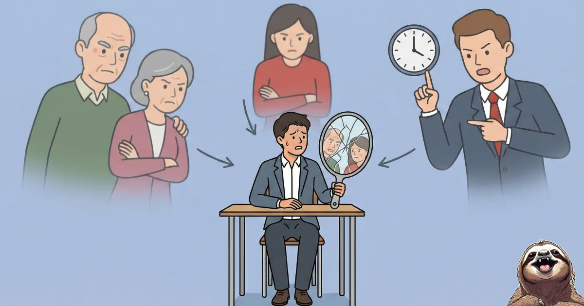 【イメージ図】他人の期待に応えようとして疲弊する「他人軸」の心理:親の失望や上司のプレッシャーを鏡に映し、自分自身の感情を押し殺している様子