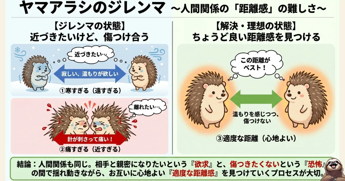 【図解】ヤマアラシのジレンマの意味と解決策:人間関係における「近づきたいけど傷つきたくない」という葛藤と、お互いに心地よい「適度な距離感」の重要性