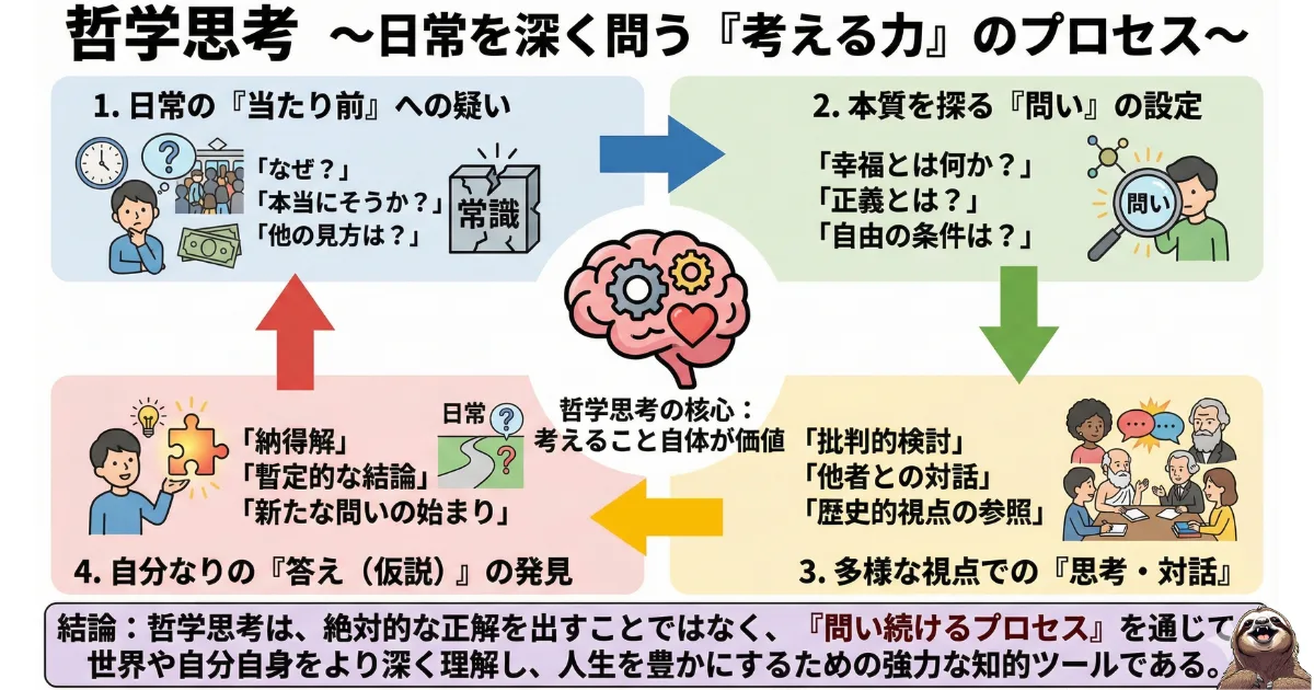 【図解】仕事に生きる「哲学思考」の4つのプロセス:常識を疑い、本質的な問いを立て、多様な視点で考え、自分なりの答え(仮説)を導き出すサイクル