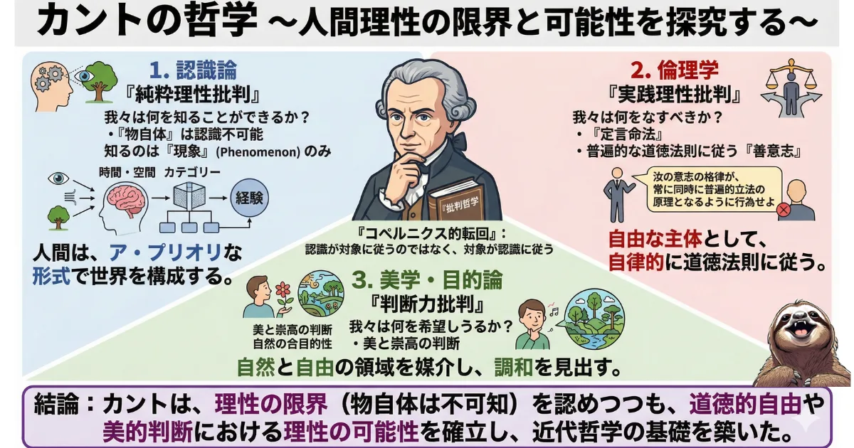 【図解】カント哲学の全体像と3大批判の要点:純粋理性批判(認識論)、実践理性批判(倫理学)、判断力批判(美学)から見る、人間理性の限界と可能性