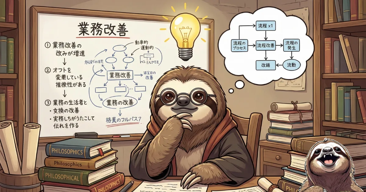 【イメージ図】哲学思考で業務改善に取り組むナマケモノ:本質的な「問い」を立てることで複雑なプロセスを整理し、仕事の無駄を劇的に削る効率化の様子