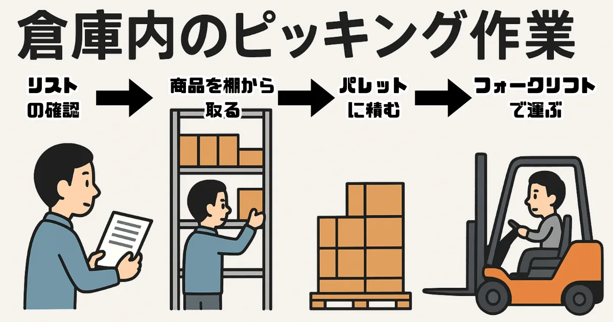 【図解】倉庫内のピッキング作業の工程フロー:リスト確認、棚出し、パレット積載、フォークリフト運搬という一連の物流業務プロセス