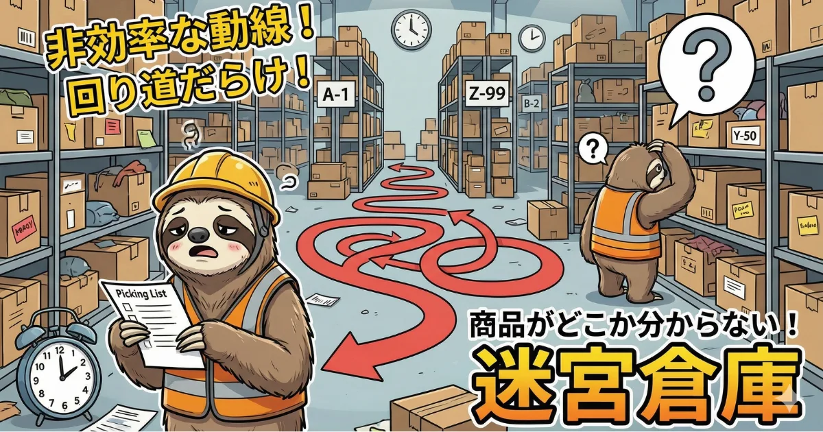 【図解】倉庫作業における非効率な動線と時間の無駄:商品配置が乱雑で保管場所が分からず、ピッキング作業で不必要な回り道(迷路)が発生している現状