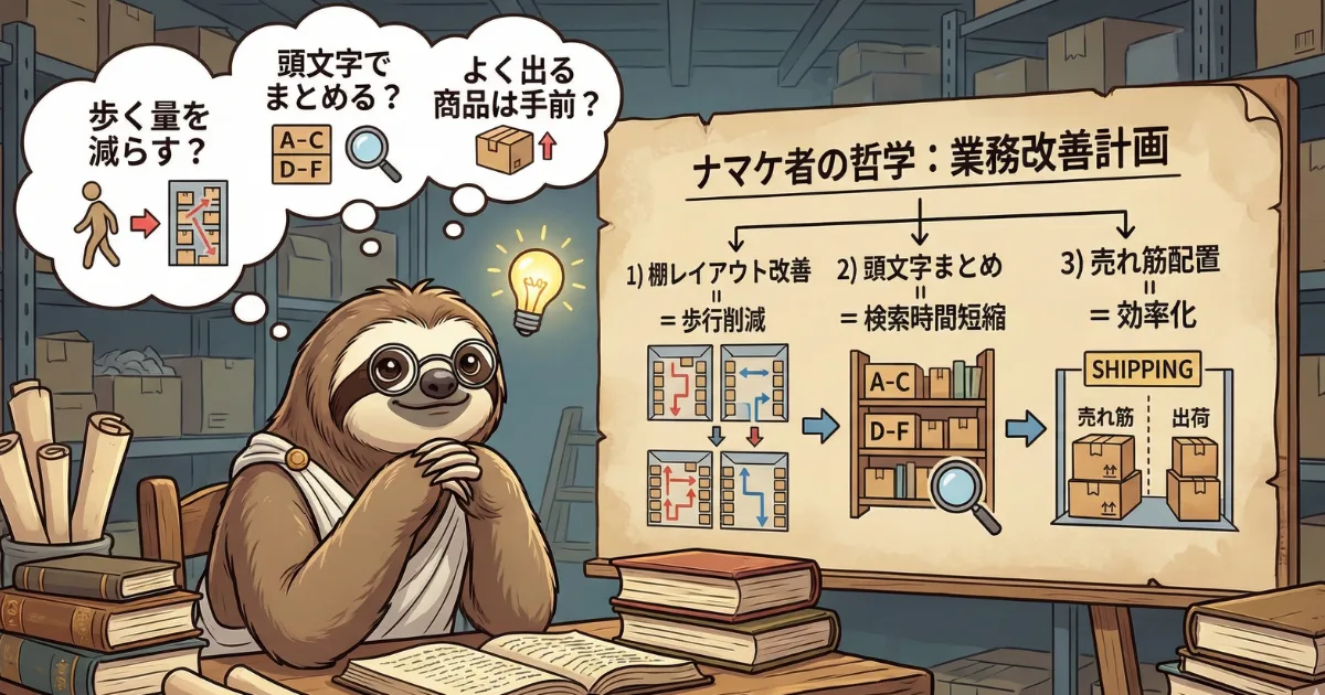 【図解】ナマケ者の哲学による倉庫業務改善計画:棚のレイアウト変更による歩行削減、頭文字管理での検索短縮、売れ筋商品の配置最適化という3つの効率化アイデア