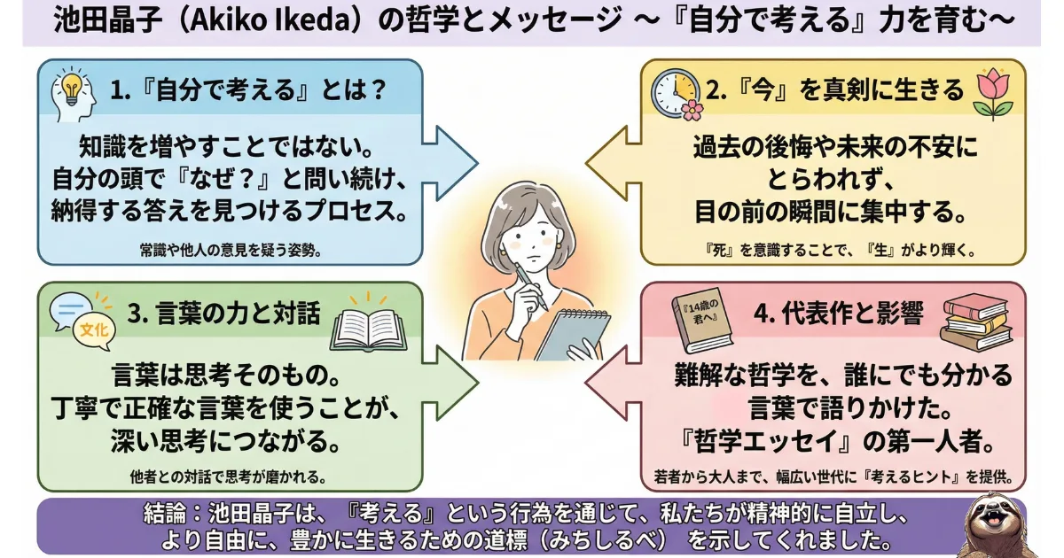【図解】池田晶子の哲学とメッセージ:「14歳からの哲学」の著者が説く「自分で考える力」「今を真剣に生きる」「言葉の力」の要約