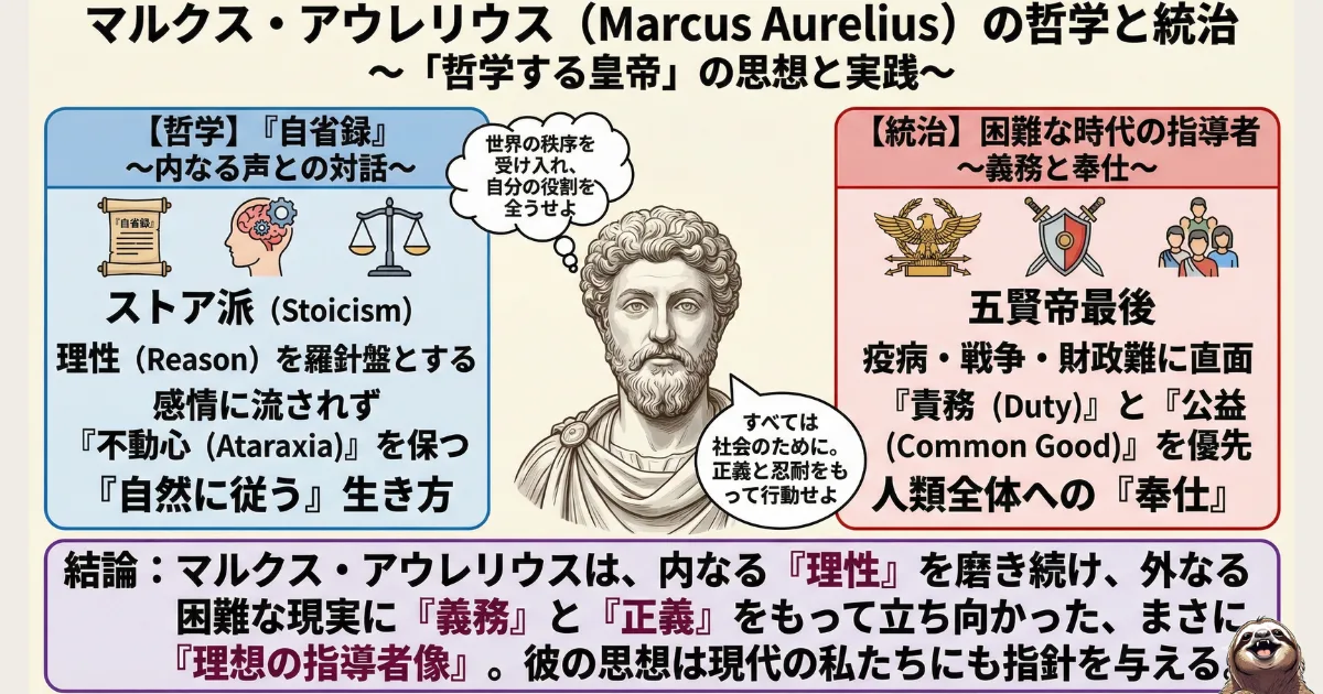 【図解】マルクス・アウレリウスの哲学と統治:「自省録」の著者であり、ストア派の「理性・不動心」を指針に、困難な時代のローマ帝国を導いた「哲学する皇帝」の思想