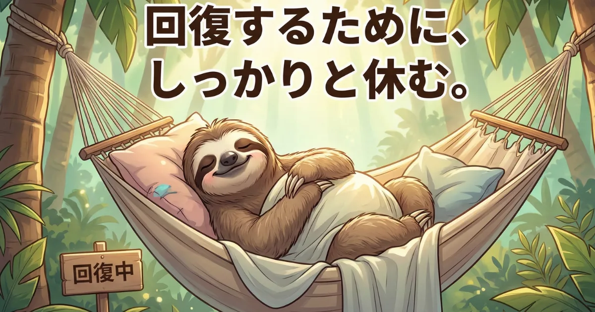 【イメージ図】メンタルケアにおける休息の重要性:ハンモックで幸せそうに眠るナマケモノと「回復するために、しっかりと休む」というメッセージ。睡眠とリラックスが心を癒す鍵