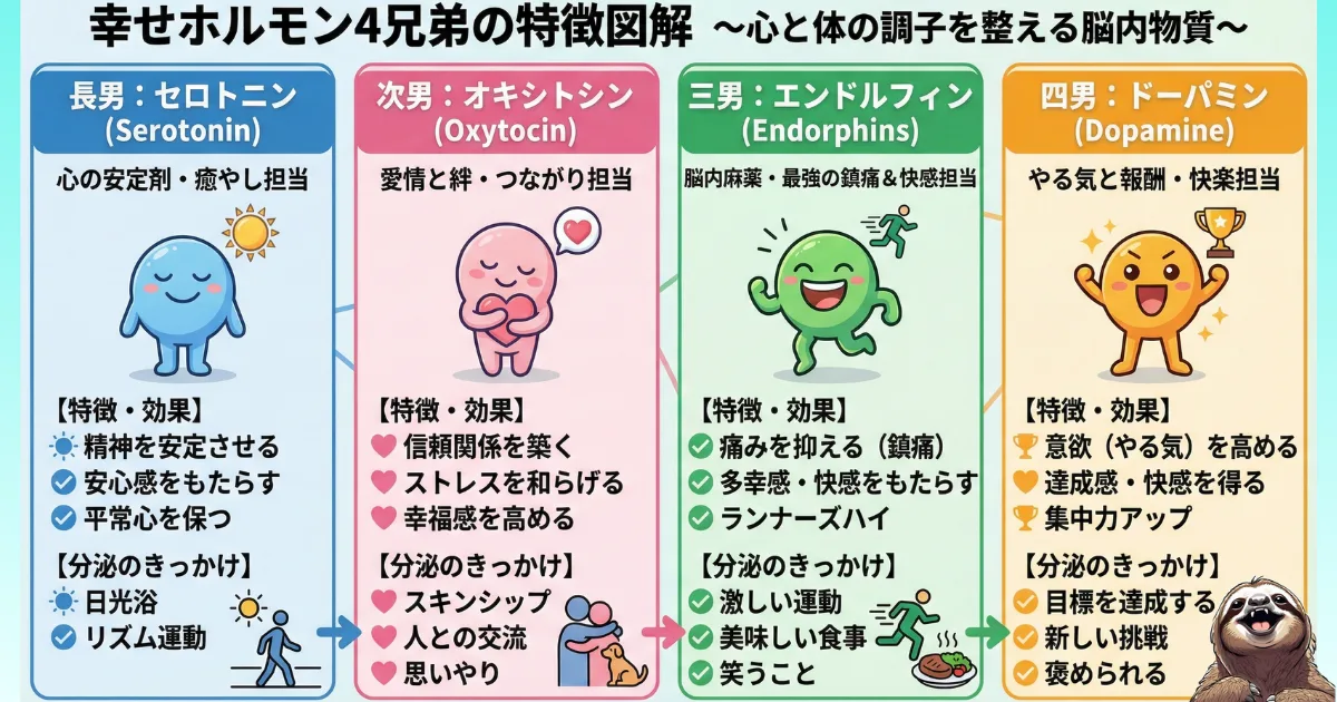 【図解】幸せホルモン4兄弟の特徴と出し方一覧:セロトニン(安心・癒やし)、オキシトシン(愛情・絆)、エンドルフィン(鎮痛・快感)、ドーパミン(やる気・報酬)の効果と分泌のきっかけ