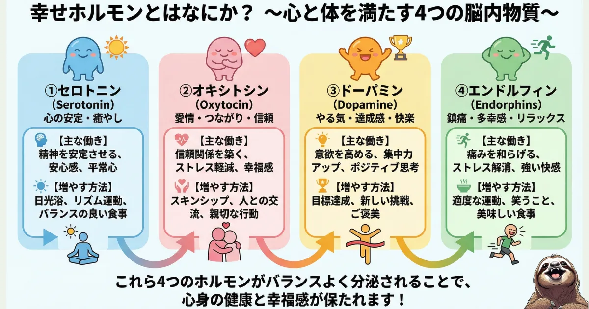 【一覧表】幸せホルモンの種類と増やす方法:日光浴(セロトニン)、スキンシップ(オキシトシン)、目標達成(ドーパミン)、運動や食事(エンドルフィン)によるメンタルケア実践ガイド