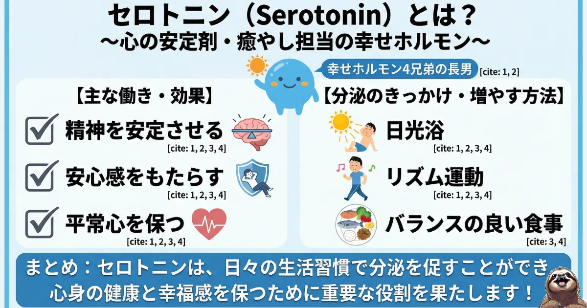 【図解】幸せホルモン「セロトニン」の効果と増やし方:精神を安定させ安心感をもたらす「心の安定剤」の役割と、日光浴・リズム運動・食事による分泌方法の解説