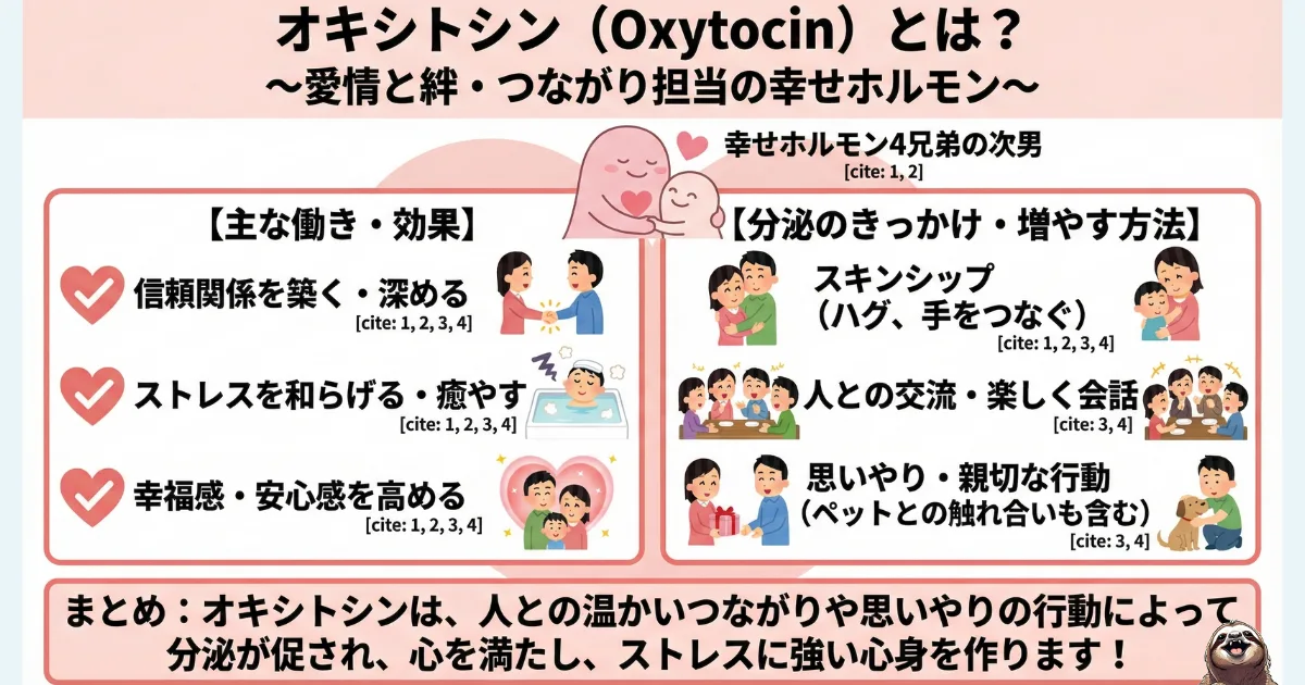 【図解】オキシトシン(愛情ホルモン)の効果と増やし方:信頼関係の構築やストレス軽減に役立ち、スキンシップ・会話・親切な行動によって分泌される仕組み