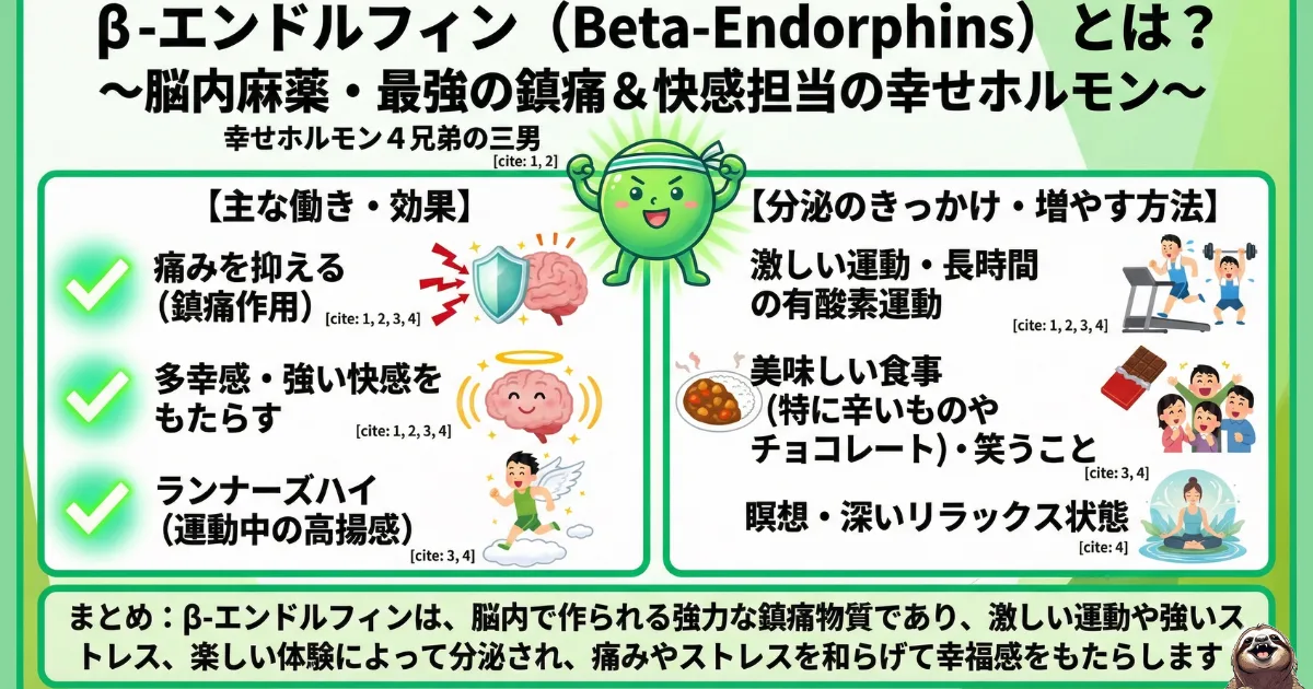 【図解】β-エンドルフィンの効果と増やし方:「脳内麻薬」とも呼ばれる最強の鎮痛物質。ランナーズハイや美味しい食事(チョコ・辛いもの)、笑うことで分泌され、ストレスを緩和する仕組み