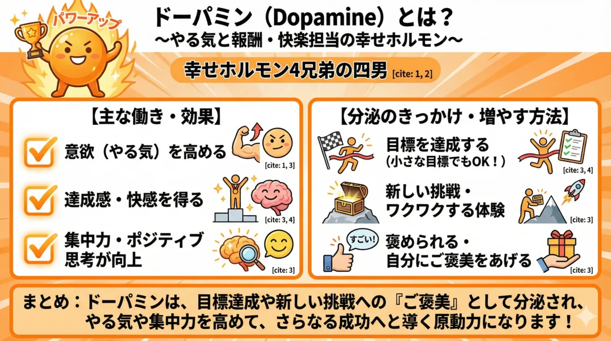【図解】ドーパミンの効果と増やし方:やる気と報酬を担当する幸せホルモン。目標達成(小さな目標でOK)、新しい挑戦、自分へのご褒美で分泌され、意欲や集中力を高める仕組み