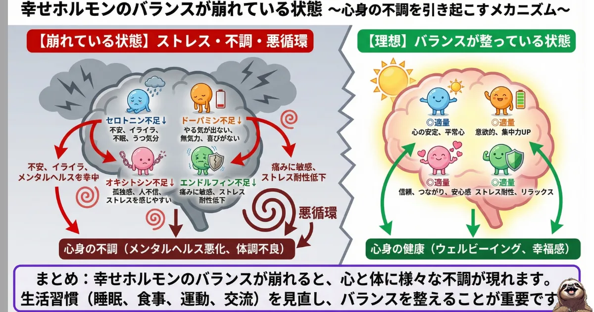 【図解】幸せホルモンのバランス崩壊と理想の状態:セロトニン・ドーパミン・オキシトシン・エンドルフィンの不足が招く精神的不調(不安・無気力)と、バランスが整った幸福な状態(ウェルビーイング)の比較