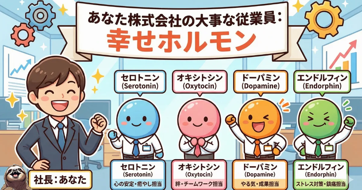 【図解】あなた株式会社の従業員としての幸せホルモン:社長(自分)を支えるセロトニン(癒やし担当)、オキシトシン(チームワーク担当)、ドーパミン(成果担当)、エンドルフィン(ストレス対策担当)の役割分担