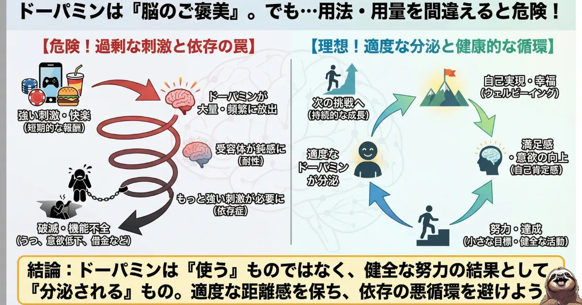 【図解】ドーパミンの依存症リスクと健全な活用法:ギャンブルやスマホ等の強い刺激による「過剰分泌と受容体の麻痺(耐性)」の悪循環と、目標達成による「健全な好循環」の比較