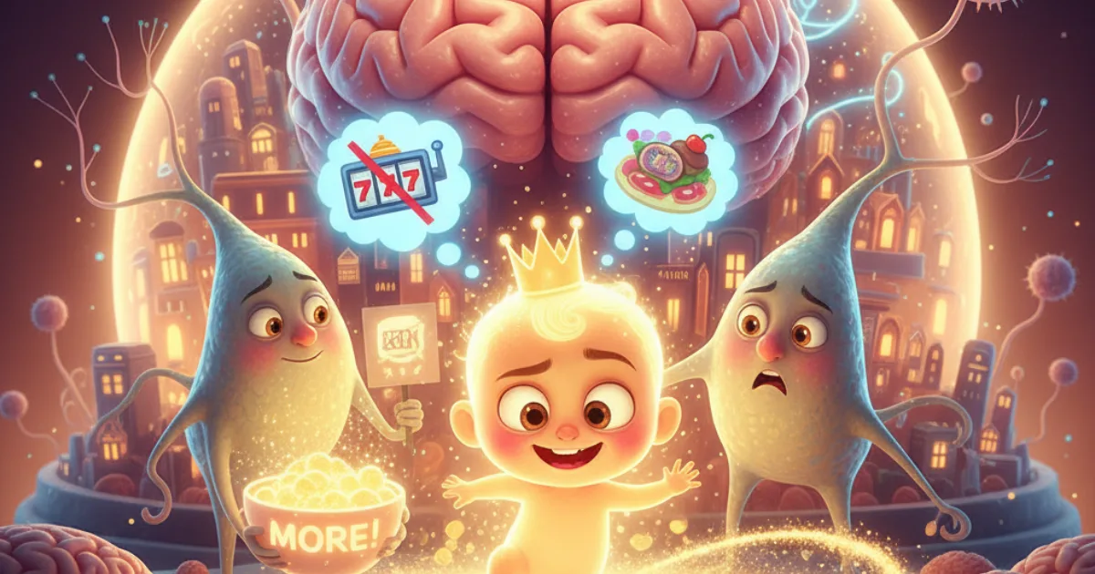 【イラスト】脳の報酬系とドーパミン・デトックスのイメージ:「もっと(MORE!)」と過剰な刺激を求める脳内物質に対し、ギャンブル等の依存対象を断ち切り、本来の脳の輝きを取り戻すメンタルケア