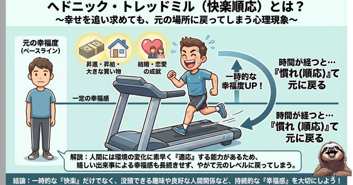 【図解】ヘドニック・トレッドミル(快楽順応)の仕組み:昇給や結婚などのライフイベントで一時的に幸福度が上がっても、時間の経過と共に環境に慣れて(順応して)元の幸福レベルに戻ってしまう心理現象