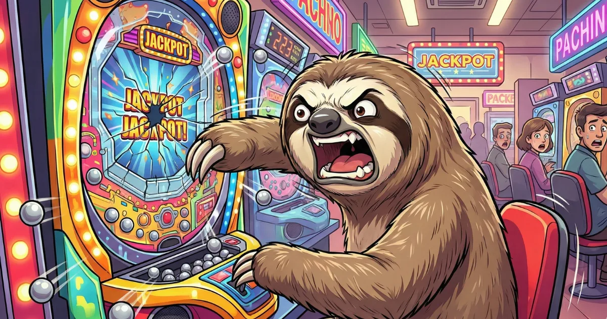 【イラスト】ドーパミンの暴走とギャンブル依存症の末路:パチンコ台(JACKPOT)を叩くほど興奮し、快楽に溺れて理性を失ったナマケ者の姿。過剰な刺激がメンタルヘルスを破壊する警告