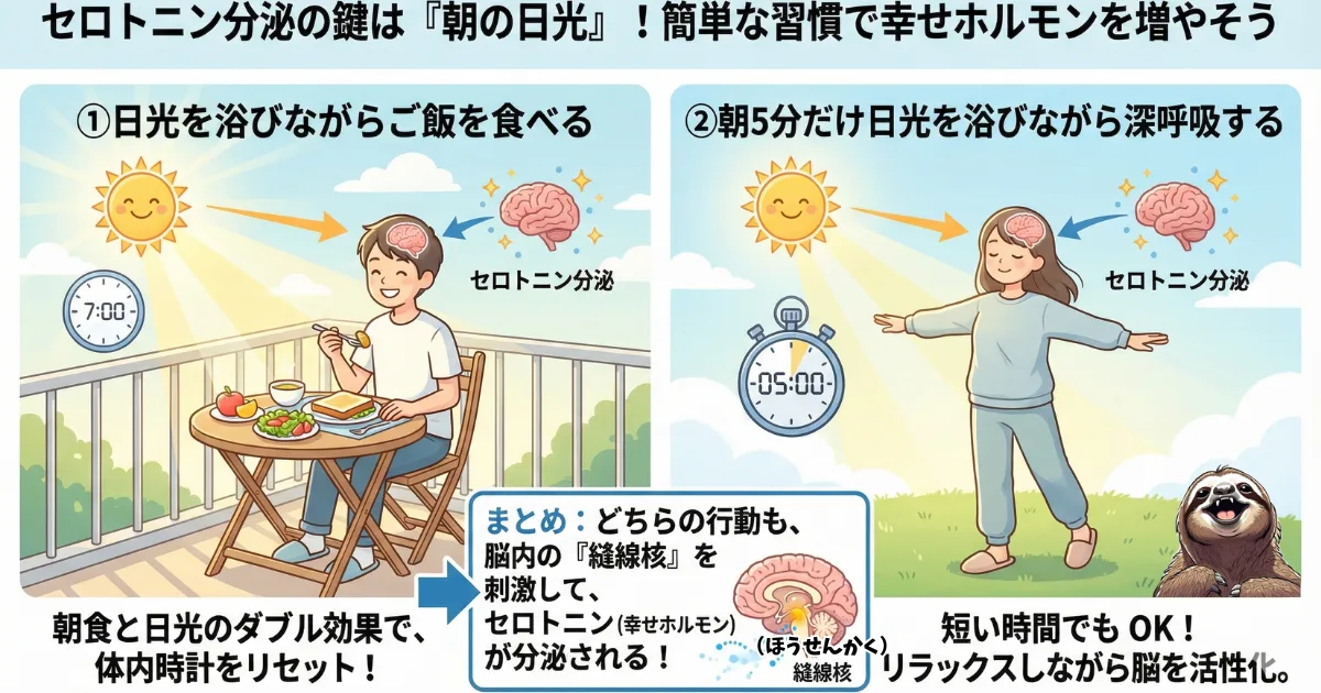 【図解】セロトニンを増やす朝の簡単な習慣:日光を浴びながらの朝食や、5分間の深呼吸が脳内の「縫線核(ほうせんかく)」を刺激し、幸せホルモンを分泌させるメカニズム