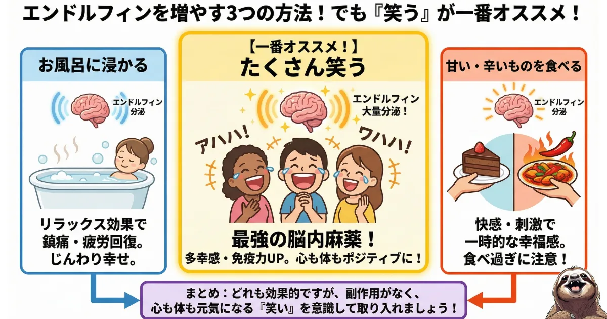 【図解】エンドルフィンを増やす3つの簡単な方法:お風呂(リラックス・鎮痛)、食事(辛い・甘いもので刺激)、そして最も推奨される「笑うこと」による免疫力アップと多幸感の分泌メカニズム