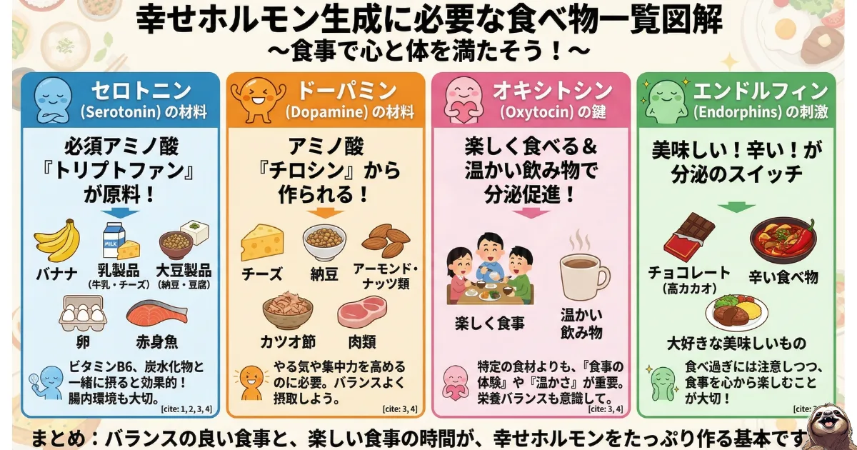 【一覧表】幸せホルモンを増やす食べ物と栄養素:セロトニンの原料(トリプトファン・バナナ・大豆)、ドーパミンの原料(チロシン・肉・チーズ)、オキシトシン(温かい飲み物)、エンドルフィン(チョコ・辛いもの)の食事リスト