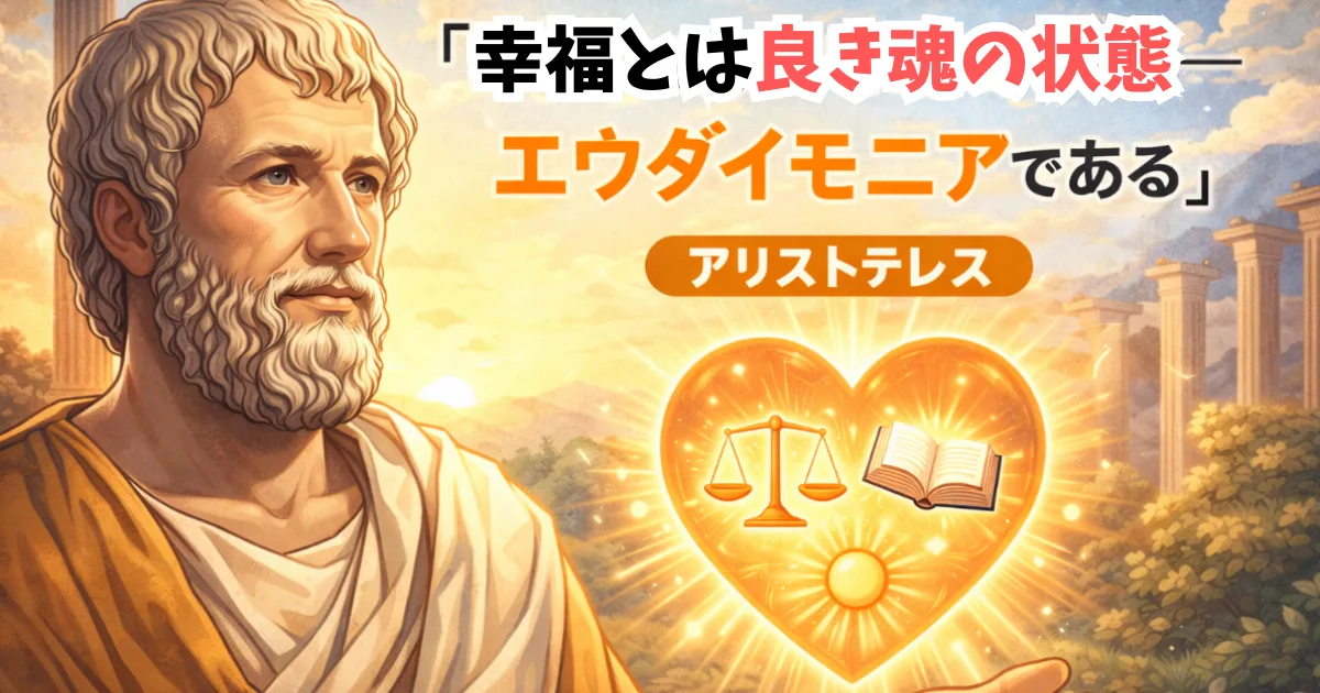 【名言】アリストテレスの幸福論「エウダイモニア(良き魂の状態)」の図解:一時的な快楽(ドーパミン等)を超えた、理性と中庸(バランス)による持続的な幸福の定義
