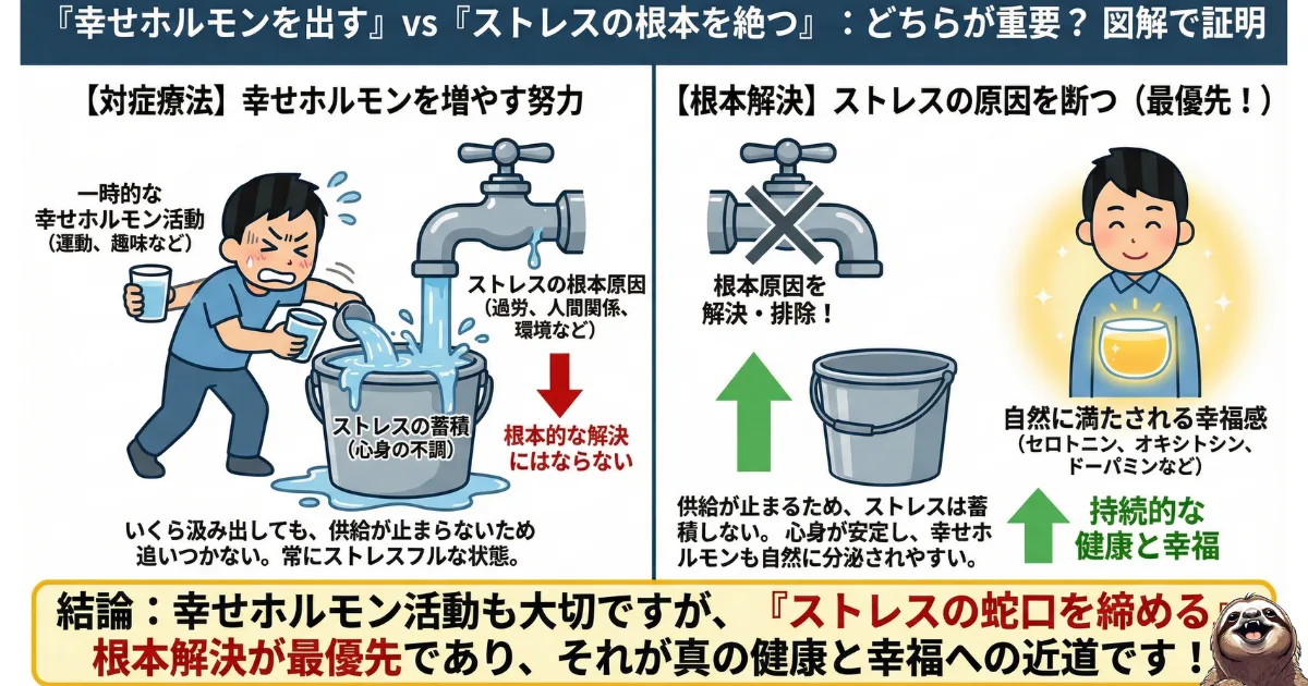 【図解】ストレス解消の「対症療法」と「根本解決」の違い:幸せホルモン活動(運動・趣味)で水をかき出すよりも、ストレスの根本原因(過労・人間関係などの蛇口)を止めることが最優先である理由