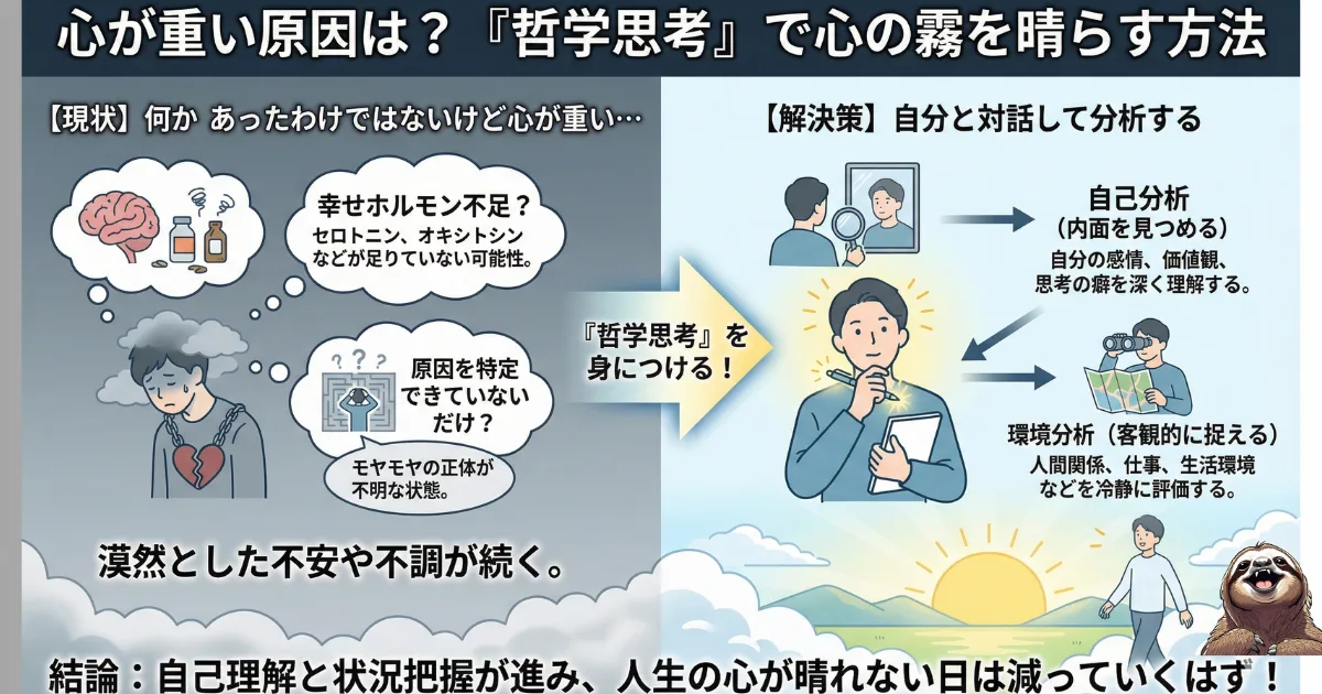【図解】心が重い原因を特定する「哲学思考」のメソッド:幸せホルモン不足や漠然とした不安に対し、自己分析(内面の対話)と環境分析(客観的な把握)を行うことで心の霧を晴らす方法
