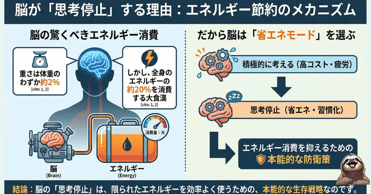 【図解】脳が思考停止する科学的な理由:体重の約2%に対しエネルギーの約20%を消費する「大食漢」の脳が、疲労を防ぐために「省エネモード(習慣化)」を選ぶメカニズム