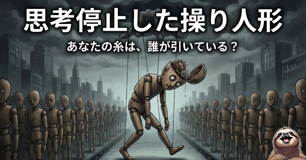 【イメージ図】思考停止した操り人形の末路:自分の頭で考えず、他人(会社や世間)の糸で動かされている状態の風刺イラスト。「あなたの糸は、誰が引いている?」という人生の主導権を問うメッセージ