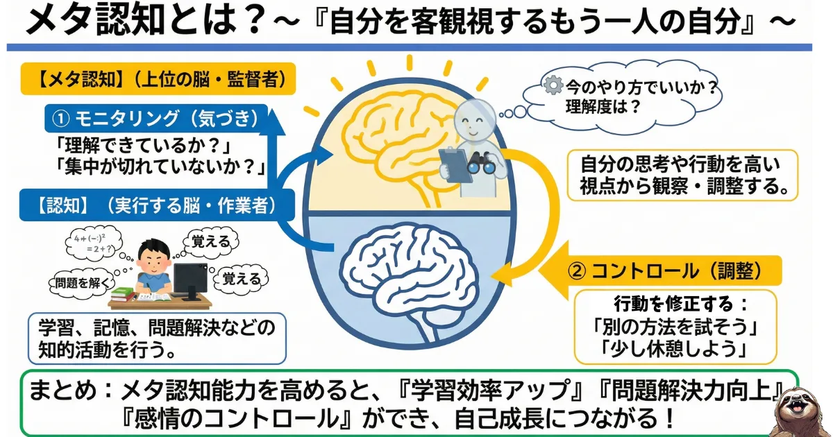 【図解】メタ認知とは:自分を客観視する「もう一人の自分(脳内の監督者)」の機能。実行する脳(作業者)をモニタリングし、行動をコントロールして学習効率や問題解決力を高める仕組み