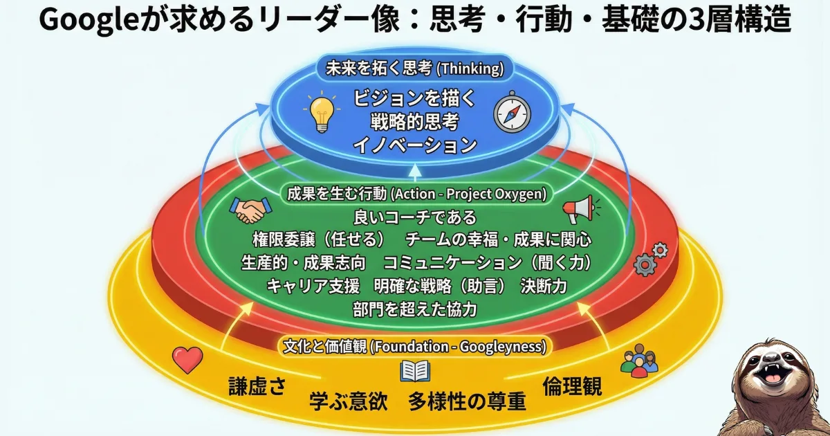 【図解】Googleが求めるリーダー像の3層構造:思考(ビジョン・戦略)、行動(Project Oxygen・良いコーチ・権限委譲)、基礎(Googleyness・謙虚さ・倫理観)から成る、組織マネジメントの世界的基準