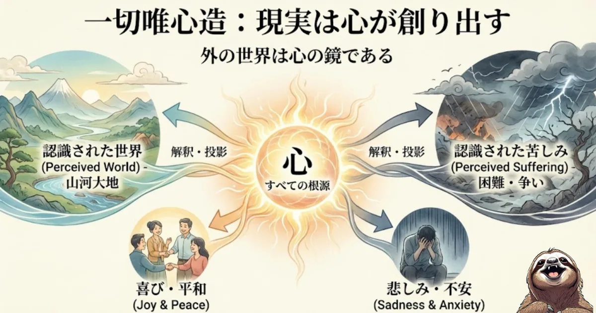 【図解】一切唯心造(いっさいゆいしんぞう)の意味:現実は心が創り出すという仏教の教え。外の世界は心の鏡であり、解釈や投影によって「喜び・平和」にも「苦しみ・争い」にも変わるメカニズム