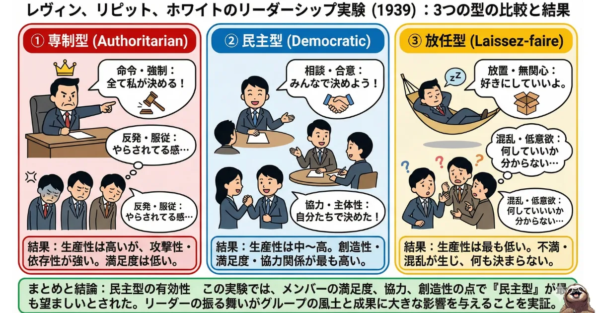 【図解】レヴィン、リピット、ホワイトのリーダーシップ実験(1939):リーダーの3つの型(専制型・民主型・放任型)の比較。生産性は高いが不満が残る「専制型」に対し、「民主型」は創造性と満足度が最も高くなる結果を示した図