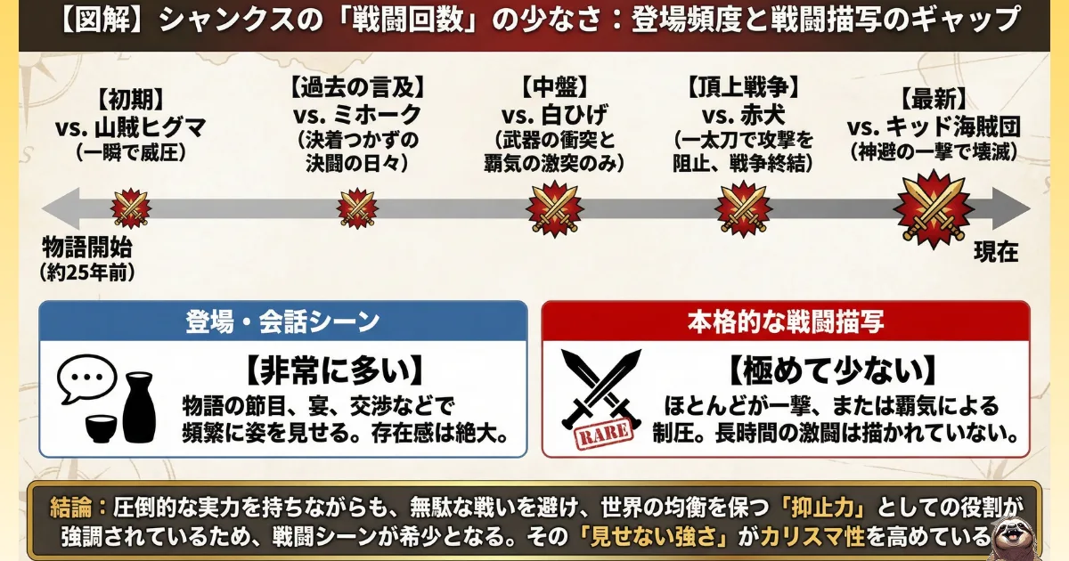 【図解】シャンクスの戦闘シーンが極端に少ない理由とカリスマ性:物語開始から現在まで、圧倒的な実力を持ちながらも「一撃」や「覇気」による制圧に留め、無駄な争いを避ける「抑止力」としてのリーダー像を分析した年表