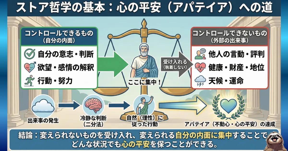 【図解】ストア哲学の基本「コントロールの二分法」とアパテイア(不動心):自分の意志で変えられる「内面(行動・判断)」に集中し、変えられない「外部(他人の言動・運命)」を受け入れることで心の平安を保つ思考法