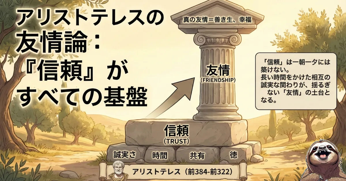 【図解】アリストテレスの友情論:「信頼」がすべての基盤である。一朝一夕には築けない「誠実さ」「時間」「共有」「徳」の積み重ねが、揺るぎない友情(最強のチームワーク)の土台となる哲学