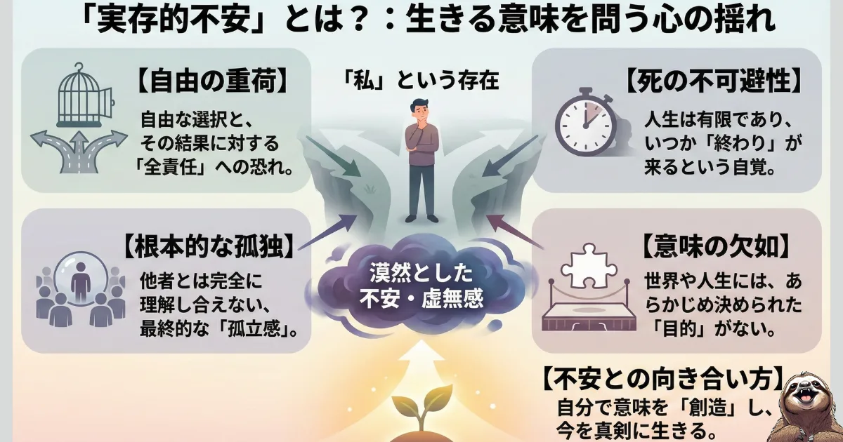 【図解】実存的不安とは：生きる意味を問う心の揺れの正体。1.自由の重荷（責任）、2.死の不可避性（有限）、3.根本的な孤独、4.意味の欠如（無目的）の4要素から生じる漠然とした不安のメカニズム