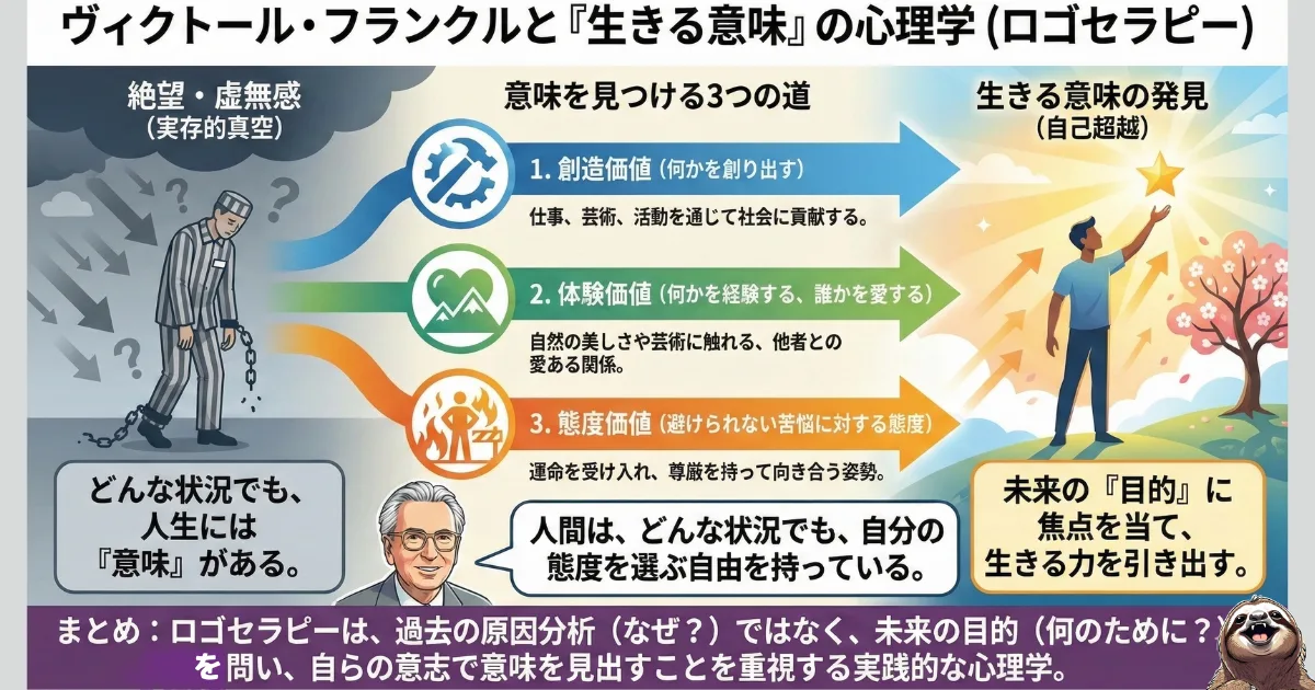 【図解】ヴィクトール・フランクルのロゴセラピー（意味への意志）：虚無感（実存的真空）を乗り越え、生きる意味を発見するための3つの道「創造価値」「体験価値」「態度価値」の解説チャート