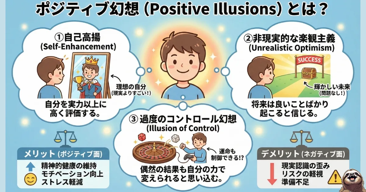 【図解】ポジティブ幻想（Positive Illusions）とは：精神的健康を維持するために脳が行う3つの錯覚「自己高揚（過大評価）」「非現実的な楽観主義」「過度のコントロール幻想」の解説。ストレス軽減やモチベーション向上に役立つ心理機能