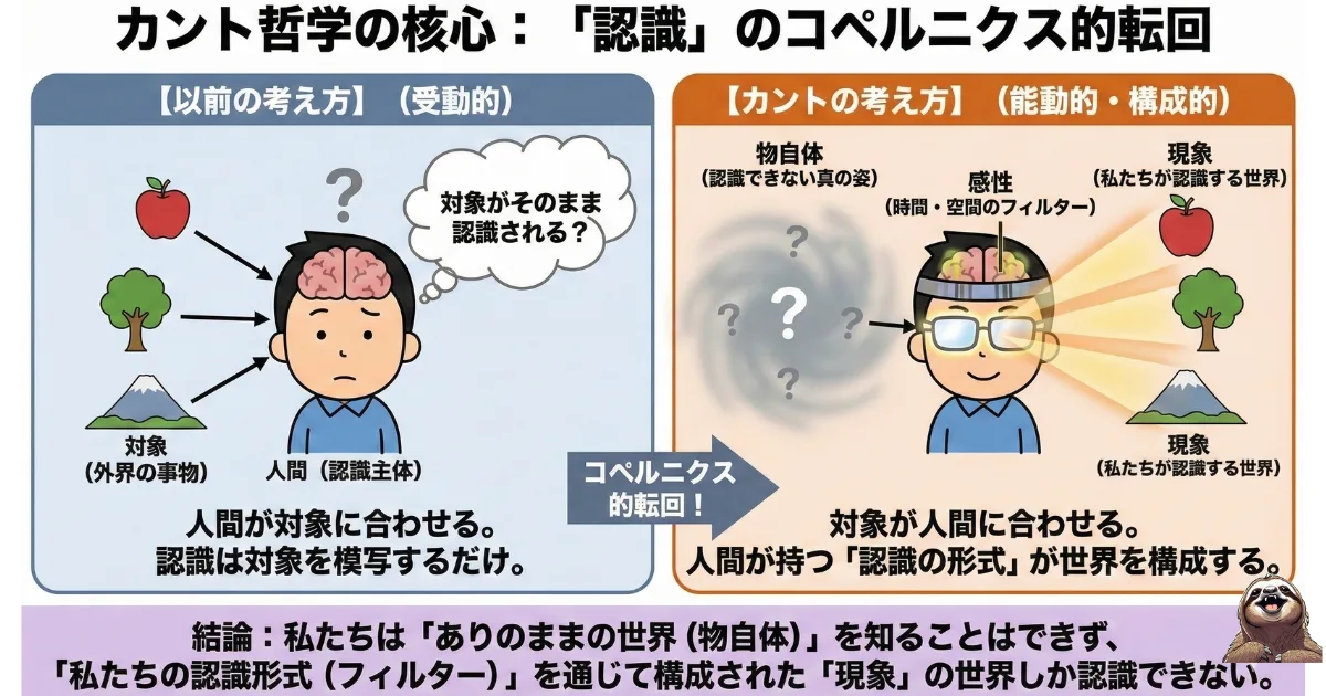 【図解】カント哲学「認識のコペルニクス的転回」とは：人間はありのままの世界（物自体）を見ることはできず、自分の感性（フィルター）を通して構成された「現象」しか認識できないとする認識論の解説