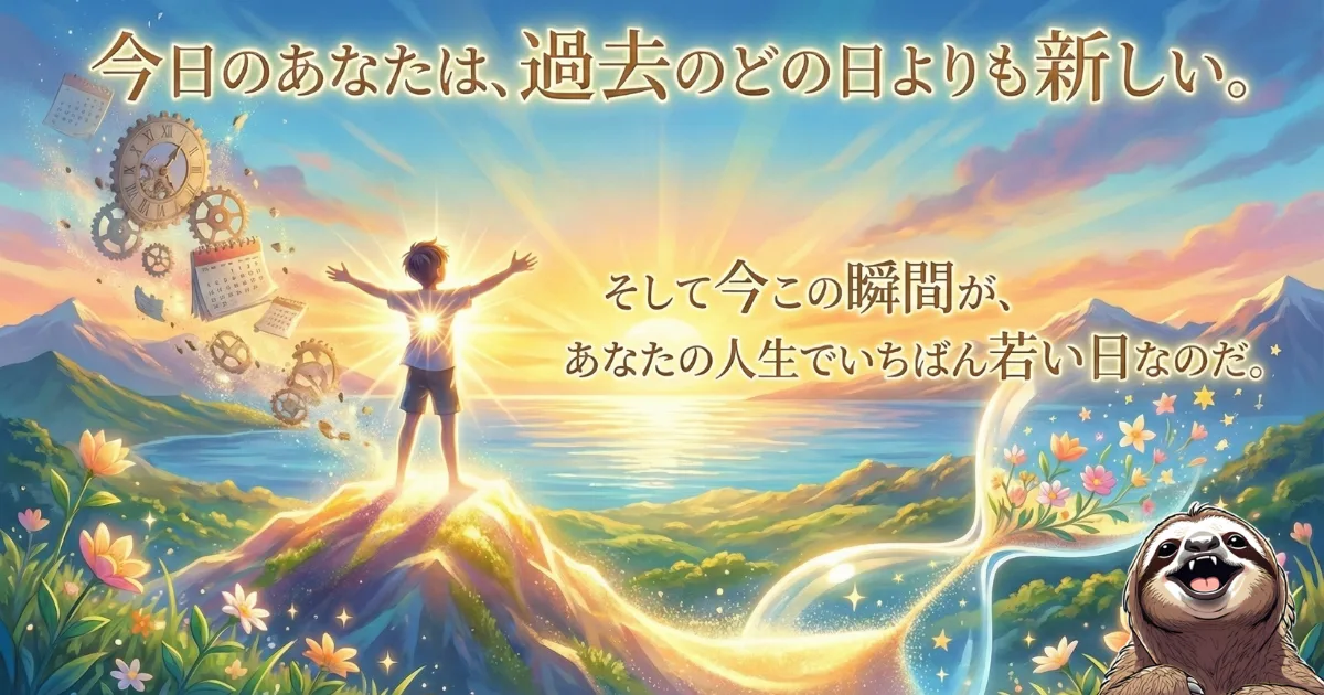 朝日を浴びて両手を広げる少年と「今この瞬間が人生でいちばん若い日」のメッセージ画像：過去を表す時計やカレンダーが空へ消え、足元には希望の象徴である花が咲き乱れる美しいイラスト