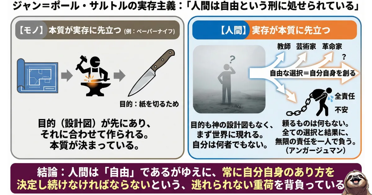 【図解】サルトルの実存主義「人間は自由という刑に処せられている」の意味：「実存は本質に先立つ」の解説。設計図があるモノとは異なり、人間は自由な選択と責任（アンガージュマン）を背負って自分を創る存在であること