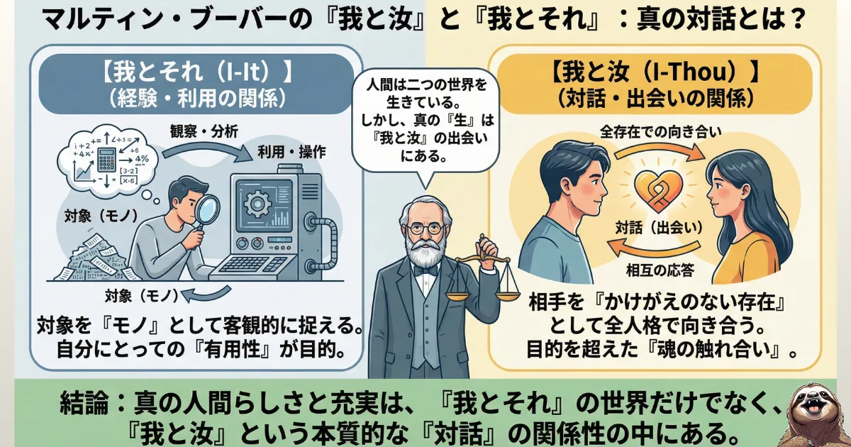 【図解】マルティン・ブーバーの『我と汝』と『我とそれ』の違い：相手を道具や機能として見る「我とそれ（I-It）」の関係と、かけがえのない存在として全人格で向き合う「我と汝（I-Thou）」の対話的関係の解説